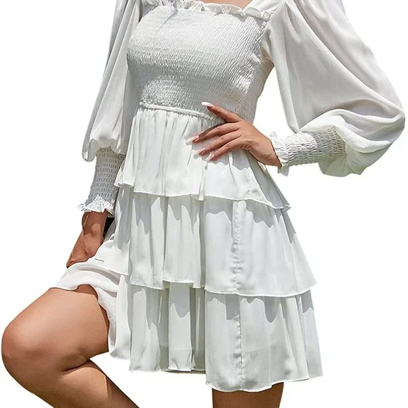 Byinns Square Neck Ruffle Dress Floral Print Tiered Tie Back Layered  Medium - Picture 4 of 12